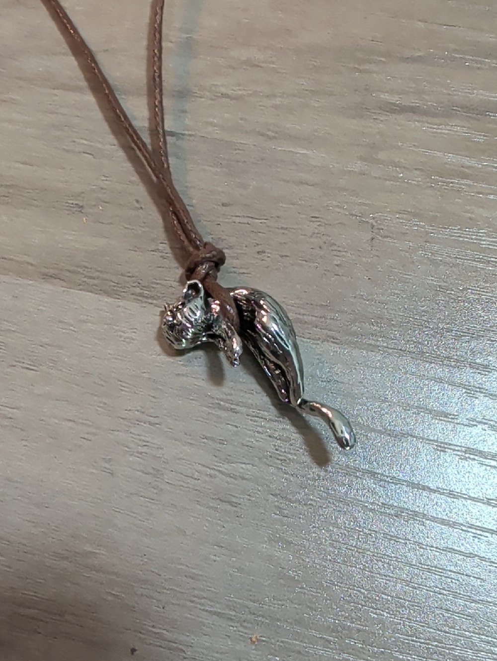 Silver Cat Pendant Necklace with Brown Cord - Picture 6 of 6